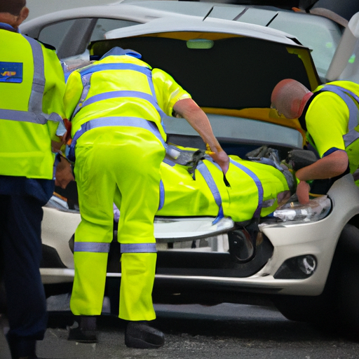 זירת תאונת דרכים עם שוטרים ופרמדיקים מטפלים בנפגעים.