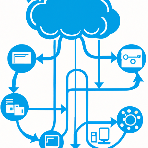 המחשה גרפית של ענן עם שירותים שונים כמו אחסון, אפליקציות ורשתות שמתפצלים